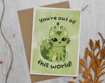 Carte chat extraterrestre, lot de 1, 3, 6 ou 12 cartes chat, carte pour maman chat, carte d'anniversaire pour amoureux des chats, carte pour papa chat, Vous êtes hors de ce monde
