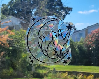 Celestial Cat Suncatcher Window Sticker, Moon Rainbow Maker, Renter Friendly, Reusable