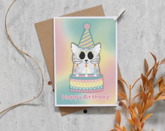Gâteau d'anniversaire chat carte, lot de 1, 3, 6 ou 12 cartes chat, carte pour chat maman, carte d'anniversaire pour amoureux des chats, carte pour chat papa, fêtard