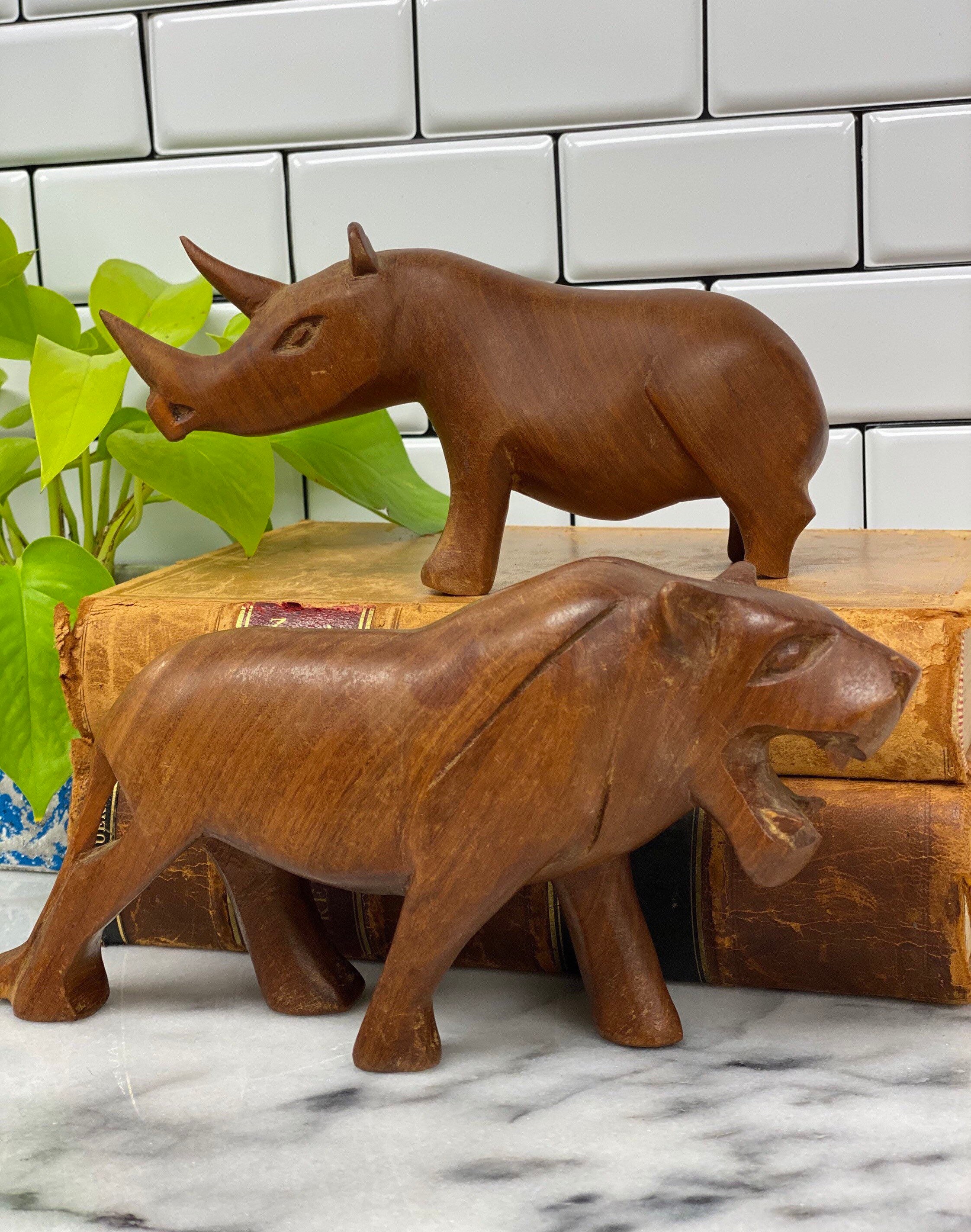 Vintage Carved Wood Animal Figurines Lion and Rhino Etsy