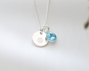 Fleur de naissance personnalisée et collier de pierre de naissance en argent sterling, cadeau d'anniversaire, cadeau pour elle, idée de cadeau de demoiselle d'honneur