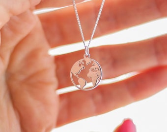 World Map Necklace in Sterling Silver, World Map Charm Gift, Travel Necklace Gift, Birthday Gift, Globe Necklace, Graduation Gift