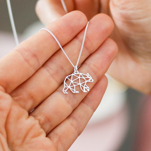 Origami Bear Necklace in Sterling Silver, Mama Bear Necklace, Bear Jewellery, Gift For Her
