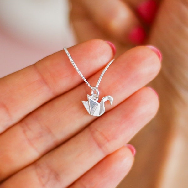 Personalised Origami Crane Necklace in Sterling Silver, Paper Crane Necklace, Swan Necklace