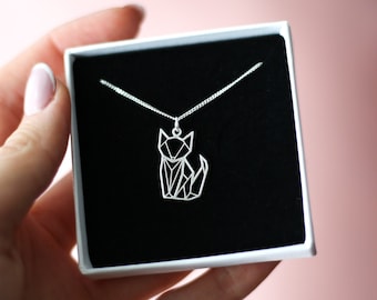 Origami Cat Necklace in Sterling Silver, Animal Lover Gift