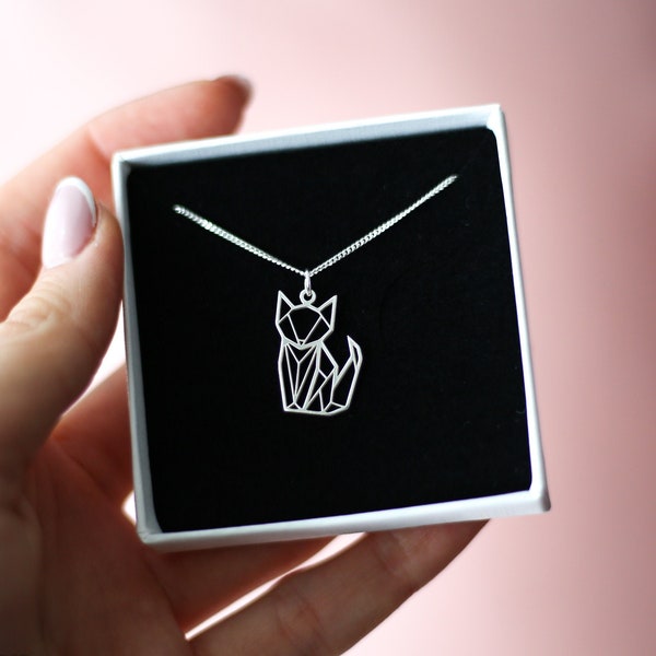 Origami Cat Necklace in Sterling Silver, Animal Lover Gift