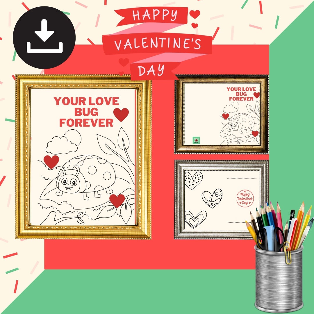 Love Bug Printable Valentines Day Card Children s Colouring In Etsy