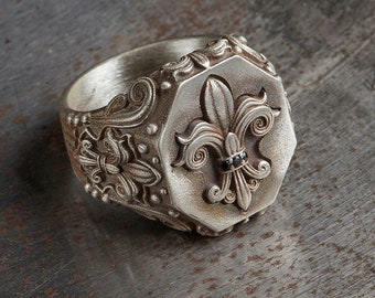 Fleur De Lis Herrenring, Sterling Silber Fleur De Lys Gothic Ring, gravierte Art-Deco-Ringe für Männer, Geschenk für Mann, bestes Geschenk für Ihn