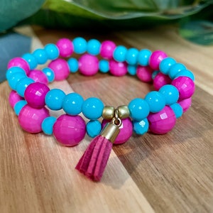 Beaded bracelets | handmade bracelets | stretchy bracelets | elastic bracelet | hot pink and blue tassel bracelet set