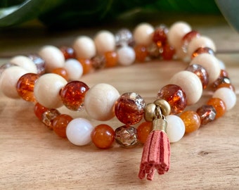 Handmade Beaded Bracelet: Orange Tassel, Elegant Stretchy Stack