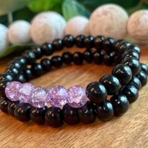 Bracelets for women, beaded bracelet stacks set of 2, stackable bracelet, black beaded bracelet accented by precious purple beads