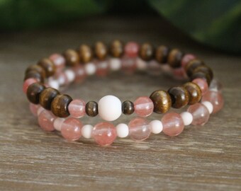 Handmade Pink & Wooden Beaded Bracelet Stack
