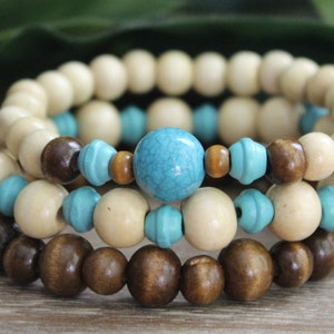 Bracelets for women wooden and turquoise beaded stackable bracelet set of three