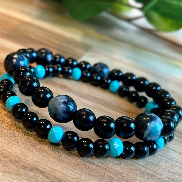 Bracelets de perles pour femmes | perles de pierres précieuses bleues et noires | extensible | bracelet élastique