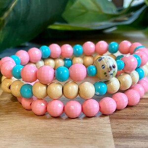 Bracelets for women pink and blue with wooden beaded bracelet stack set of three