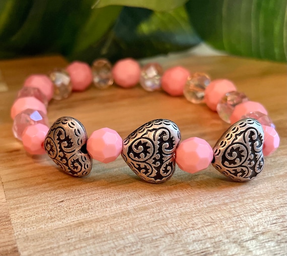 Valentine's Day Bracelets for Women Beaded Bracelets with Pink and Rose Gold Beads Accented by Heart Charms