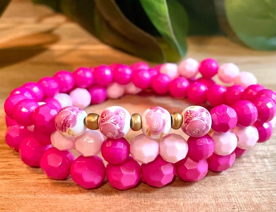 Beaded Bracelet Set Pink Beads Accented by Hand Painted Flower Beads  Stretchy Bracelet Elastic Bracelet 