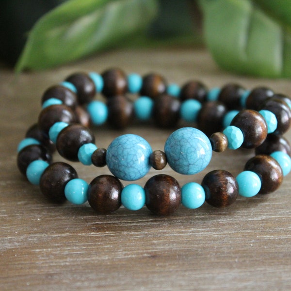 Bracelets pour femmes, piles de bracelets perlés, bracelets perlés en bois, bracelet turquoise