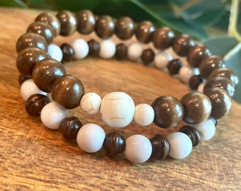 Boho Beaded Bracelet Set: White & Wood Stretchy Bracelets