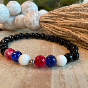 Bracelets for women beaded stackable bracelet - black beads accented by red, white and blue beads