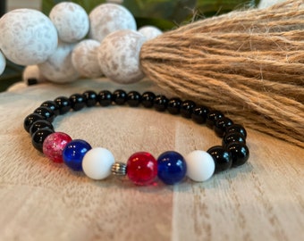 Pulsera apilable de cuentas: Piedra preciosa negra, roja, blanca y azul.