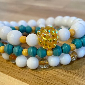 Beaded handmade bracelet for women | yellow, white and aqua bracelet | stretchy bracelet | elastic bracelet