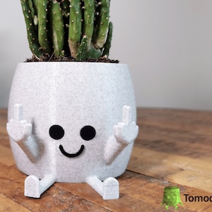 May include: White ceramic planter shaped like a person with a smiling face and two middle fingers raised. The planter is filled with a green cactus plant.
