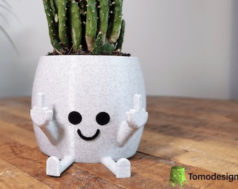 May include: White ceramic planter shaped like a person with a smiling face and two middle fingers raised. The planter is filled with a green cactus plant.
