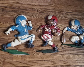 1976 HOMCO CAST METAL Football Players Vintage Set of 3 Wall
