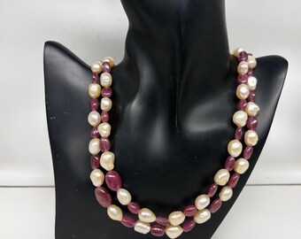 Robijn en parelketting twee regels ovaal effen glad 8 tot 10 mm natuurlijke edelstenen 20 inch sterlingzilver