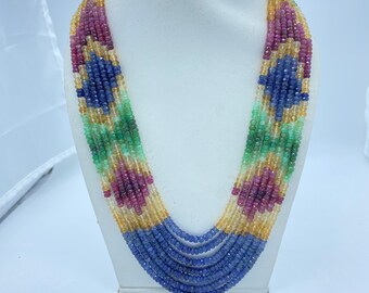 Multi-Color Sapphire Round Faceted Beaded Necklace | 20 Inch Genuine Gemstone Jewelry | Colorful Sapphire Strand 4-5mm