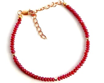 Ruby Red Beaded Bracelet – Dainty Gemstone Bracelet with Gold Accents – Handmade July Birthstone Jewelry Gift for Her