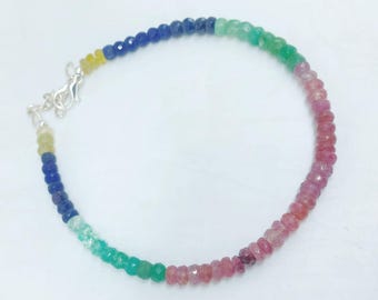 Multicolor Sapphire Beaded Bracelet, Rainbow Gemstone Jewelry, Faceted Gem Strand, Dainty Handmade Gift, Chakra Energy Bracelet