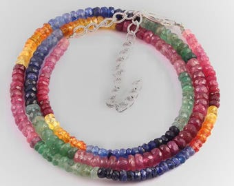 Rainbow Gemstone Necklace – Natural Multi Sapphire Beads Jewelry – Chakra Healing Crystal Necklace – Colorful Gift for Her