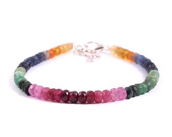 Natural Multi Sapphire Beaded Bracelet 4-5mm | Faceted Sapphire Gemstone Jewelry | Handmade Colorful Bracelet | Luxury Gift for Her