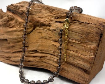 Smoky Quartz Necklace 18 Inches Hand Knotted Beaded Necklace 18K Gold Plated Clasp Natural Gemstone Jewelry