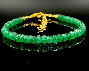 Faceted Emerald Bracelet Gold, May Birthstone Jewelry, Dainty Green Gemstone Gift for Her, Adjustable Layering Bracelet