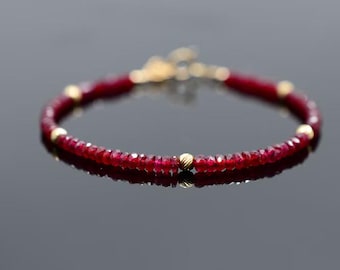Faceted Ruby Bracelet Gold, July Birthstone Jewelry, Dainty Red Gemstone Gift for Her, Handmade Adjustable Layering Bracelet