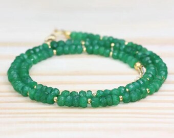 Double Strand Green Beaded Bracelet, Emerald Color Beads with Gold Accents, Handmade Jewelry, Layered Look, Adjustable Gift for Her