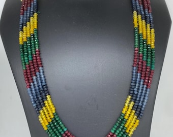 Multi Gemstone Beaded Layered Necklace - Ruby, Sapphire, Emerald, Yellow Beryl - Colorful Statement Jewelry