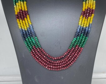 Multicolor Gemstone Layered Necklace - Ruby, Sapphire, Emerald, Yellow Beryl Beaded Necklace - Statement Jewelry
