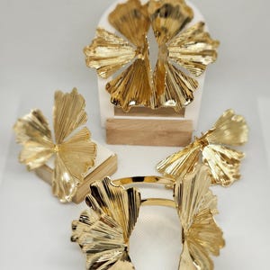 14K Five piece cuff, earrings, rings gold plated jewelry set