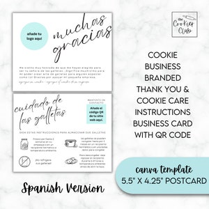Cartão de instruções personalizado de agradecimento e cuidados com biscoitos em espanhol - modelo Canva - cartão postal de 5,5" x 4,25 - cartão de visita de biscoitos para impressão