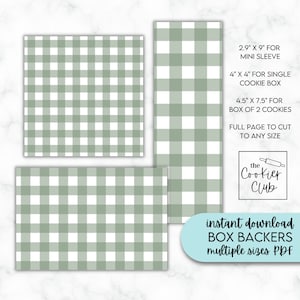 May include: Printable PDF file with green and white gingham patterns for cookie box backers. Includes sizes for mini sleeve, single cookie box, and box of two cookies. The file is for instant download. "The Cookier Club" is printed in the bottom right corner.
