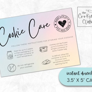 Cookie Care Instructions - Pastel Rainbow - 3.5&quot; x 5&quot; Printable Cookie Card - Instant Download