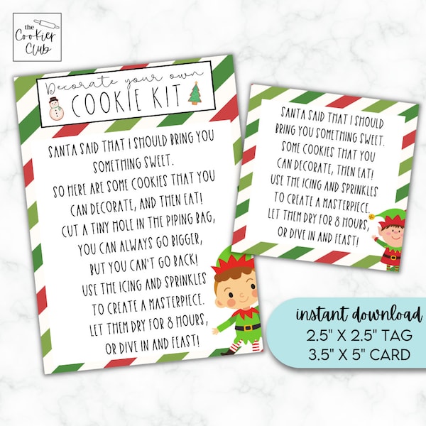 Elf DIY Cookie Kit Instructions & Tag - Christmas/Holiday - 3.5" x 5" Printable Cookie Card and 2.5" Tag - Gift Tag - Instant Download