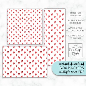 May include: Printable digital download of red heart box backers in multiple sizes for cookie boxes and sleeves. The design features a white background with a repeating pattern of red hearts. The text "the Cookier Club" is in the bottom right corner.