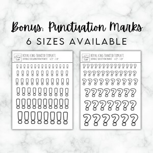 May include: Two printable sheets of royal icing transfer templates for making doodle exclamation points and question marks. The templates are black and white and feature six different sizes of each punctuation mark, ranging from 1/2 inch to 1.8 inches.