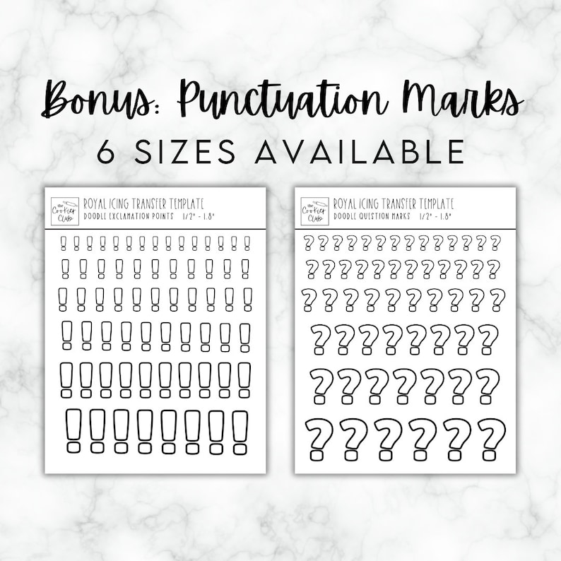 May include: Two printable sheets of royal icing transfer templates for making doodle exclamation points and question marks. The templates are black and white and feature six different sizes of each punctuation mark, ranging from 1/2 inch to 1.8 inches.