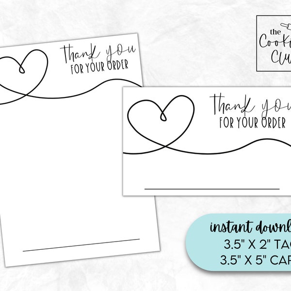 Thank You For Your Order - 3.5" x 5" Printable Cookie Card and 3.5"x2" Name Tag - Minimalist - Instant Download